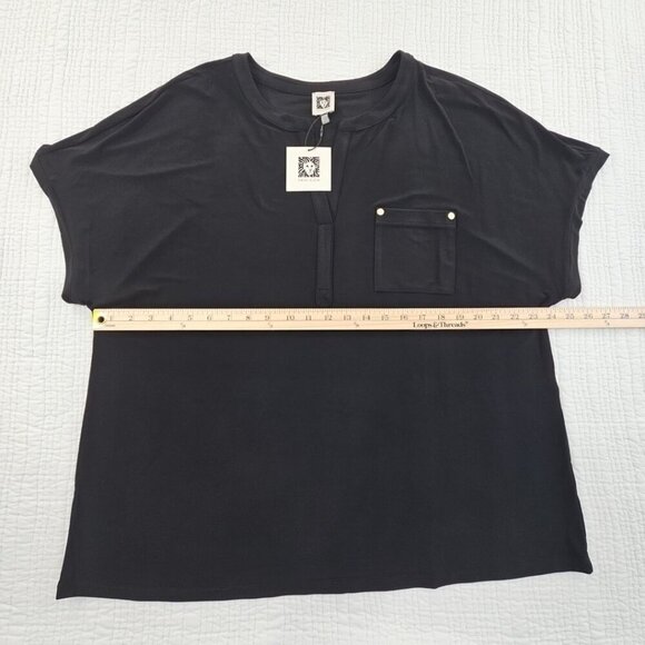 NEW Ann Klein Blouse Women's 2X Black V Neck Short Sleeve NWT Rivets Oversized - Picture 9 of 16